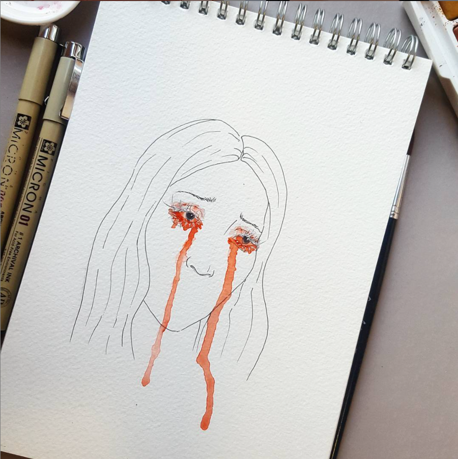 watercolor painting of woman crying in red